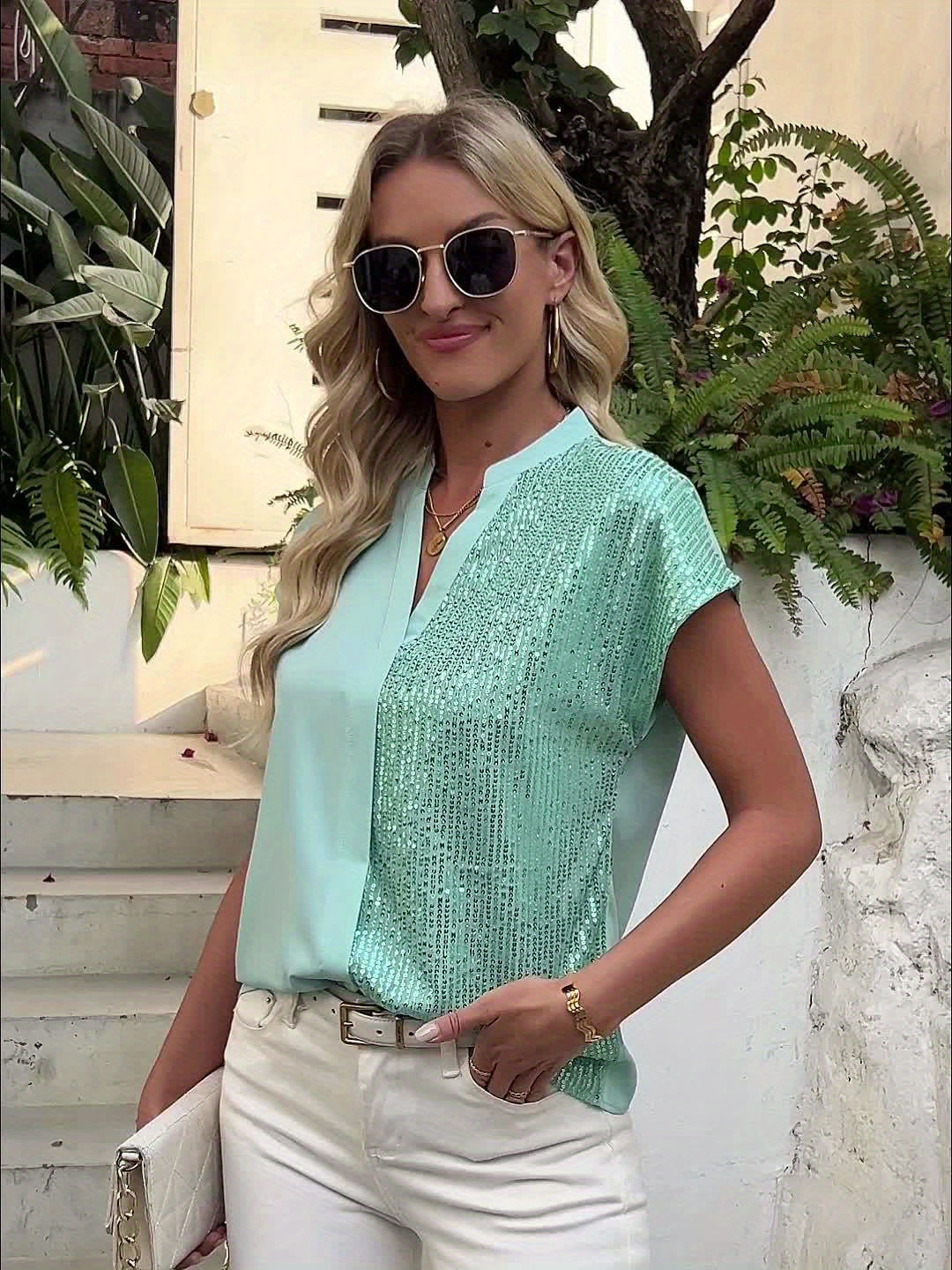 Havielle | Dames V-hals Pailletten Blouse – Batwing Mouwen Opengewerkte Gebreide Top
