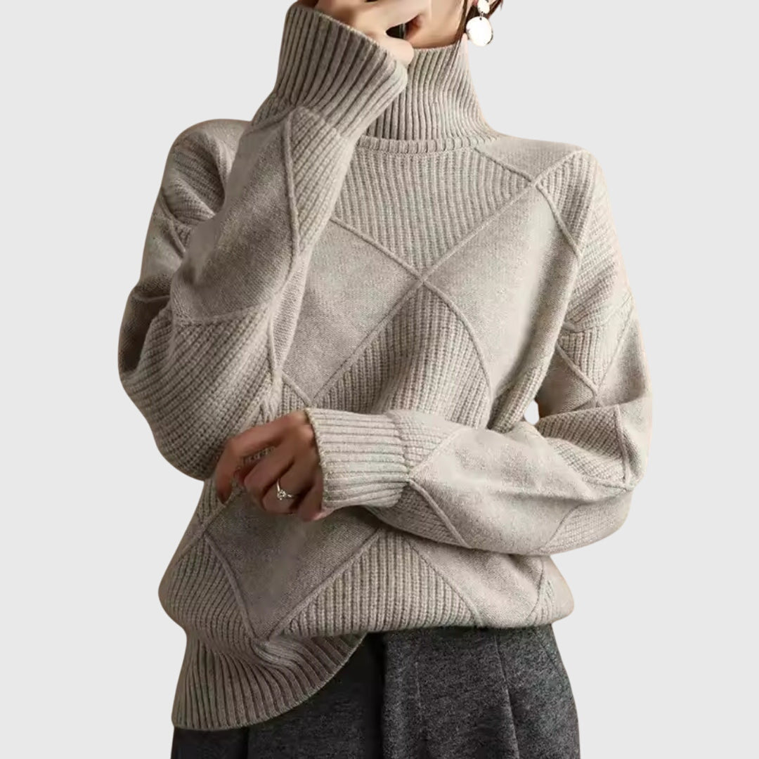 Calyssia | Damestrui met dikke breistruk en col – Patchwork met ruitmotief