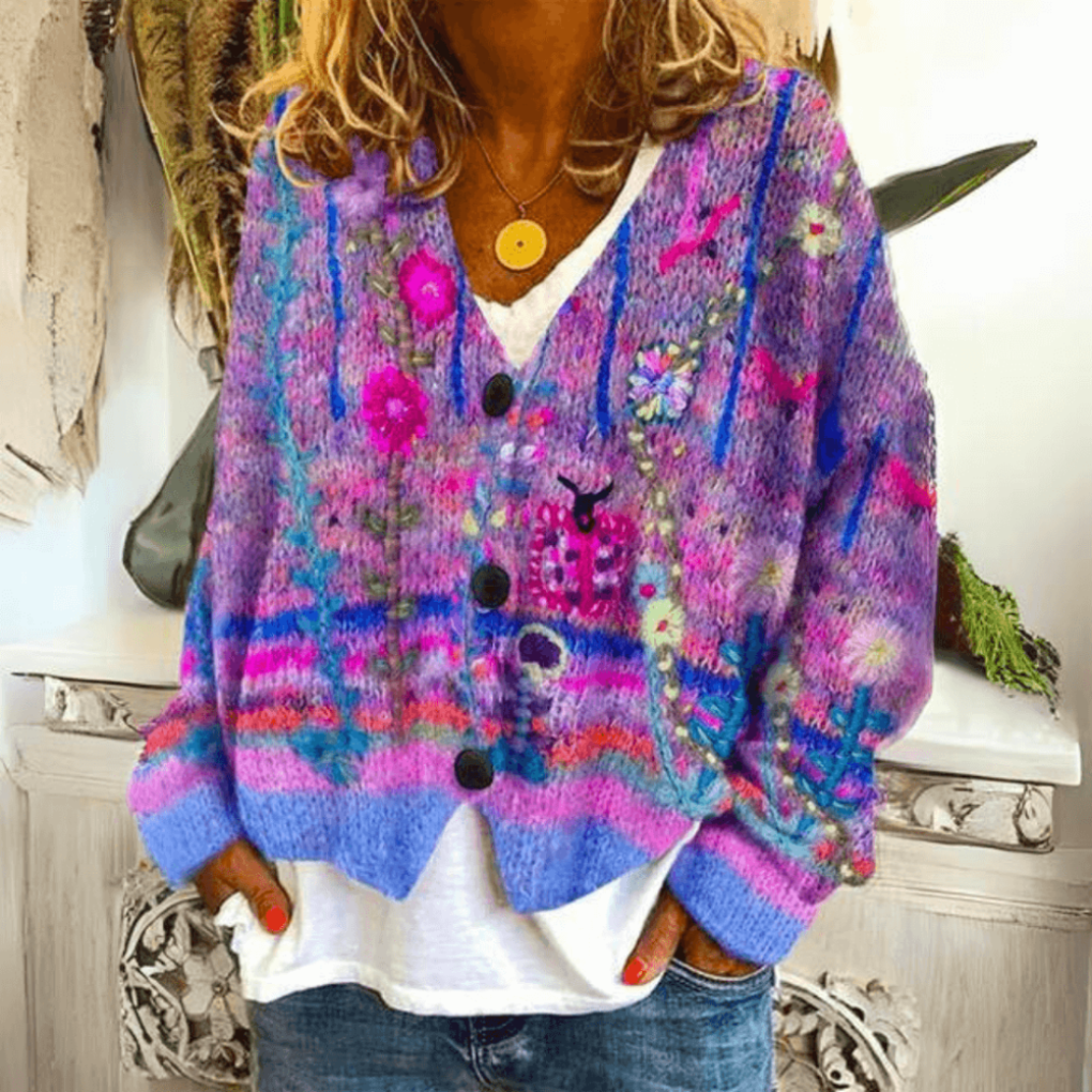 Catriona | Damesvest met bloemenprint, V-hals, knoopsluiting en relaxte pasvorm