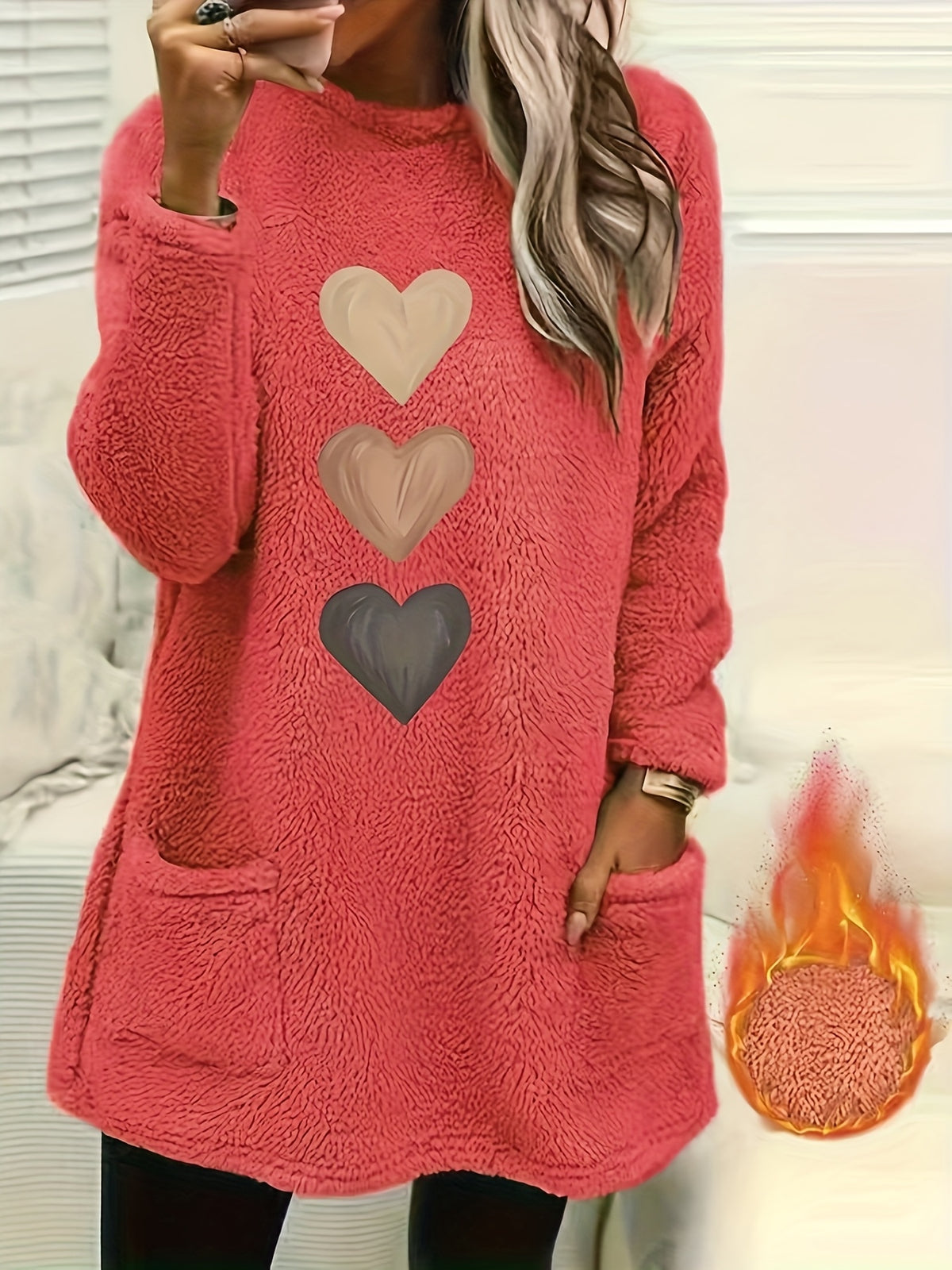 Leonie | Dames-sweatshirt met fleecevoering en hartjesprint – Casual pullover met lange mouwen