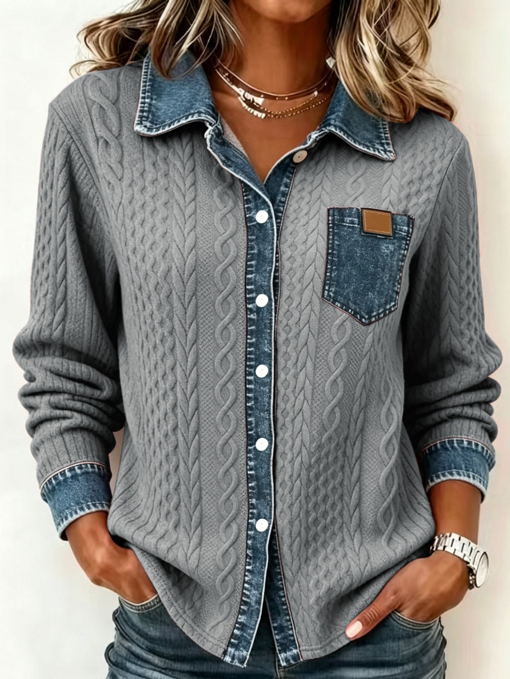 Leora | Damestrui van faux-denim jacquard – Trui met lange mouwen en print