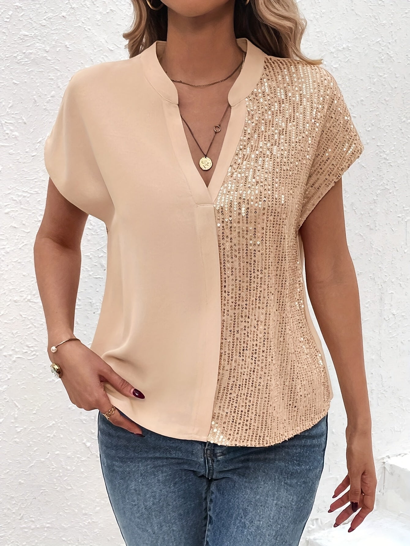 Havielle | Dames V-hals Pailletten Blouse – Batwing Mouwen Opengewerkte Gebreide Top