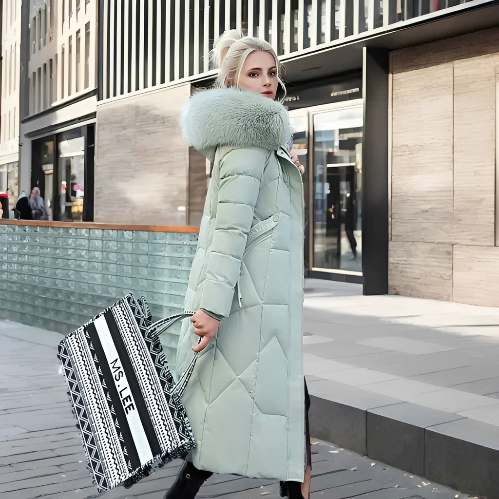 Yelena | Winterjas met capuchon voor dames – knielange, warme en elegante jas