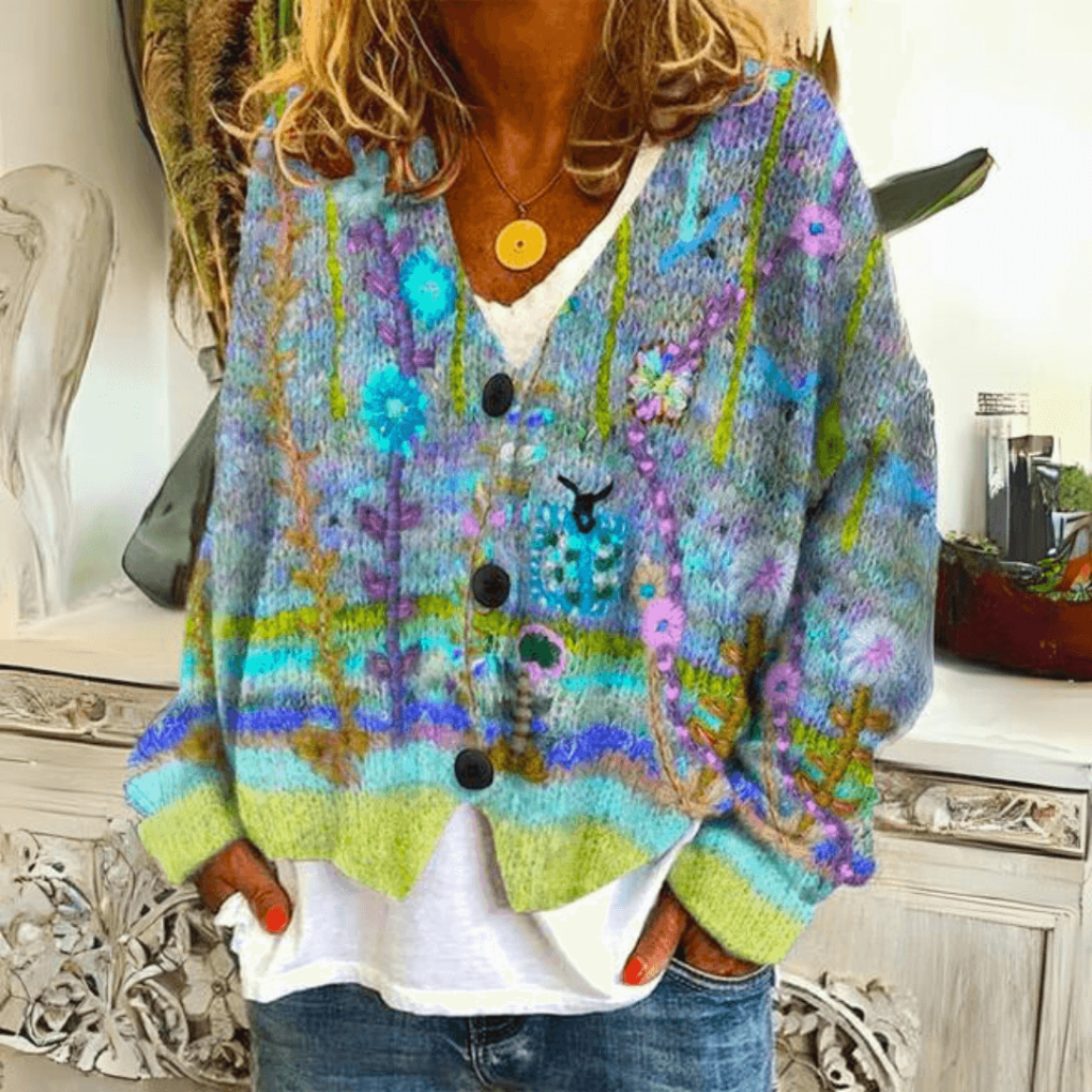 Catriona | Damesvest met bloemenprint, V-hals, knoopsluiting en relaxte pasvorm