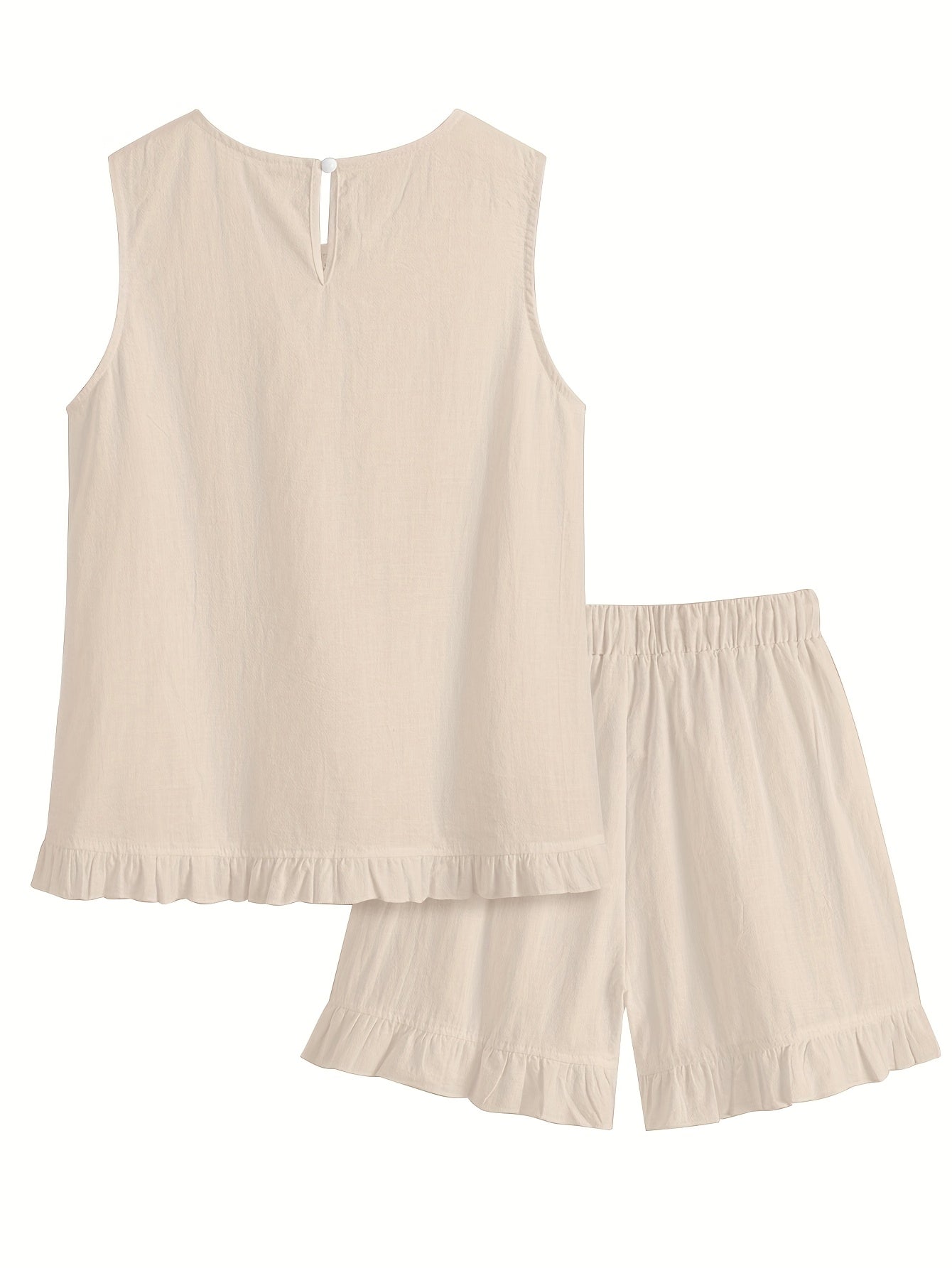 Teagan | Lounge-set voor dames met kanten randjes – mouwloze top en shorts met ruches