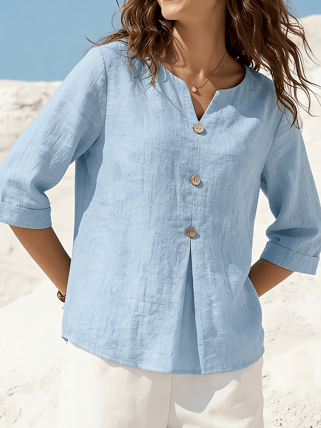 Winslet | Casual linnen top voor dames – loszittende blouse met V-hals en 3/4-mouwen