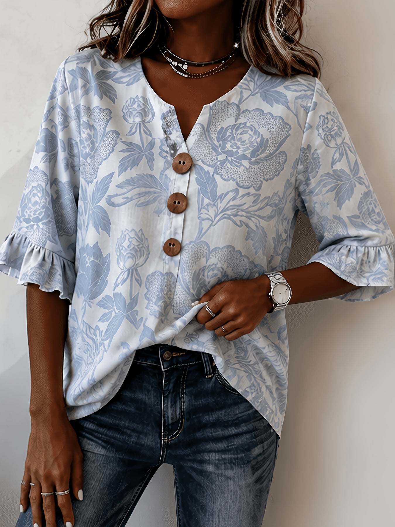 Pearlina | Damesblouse met bloemenprint en V-hals – Blouse met relaxte, losse pasvorm