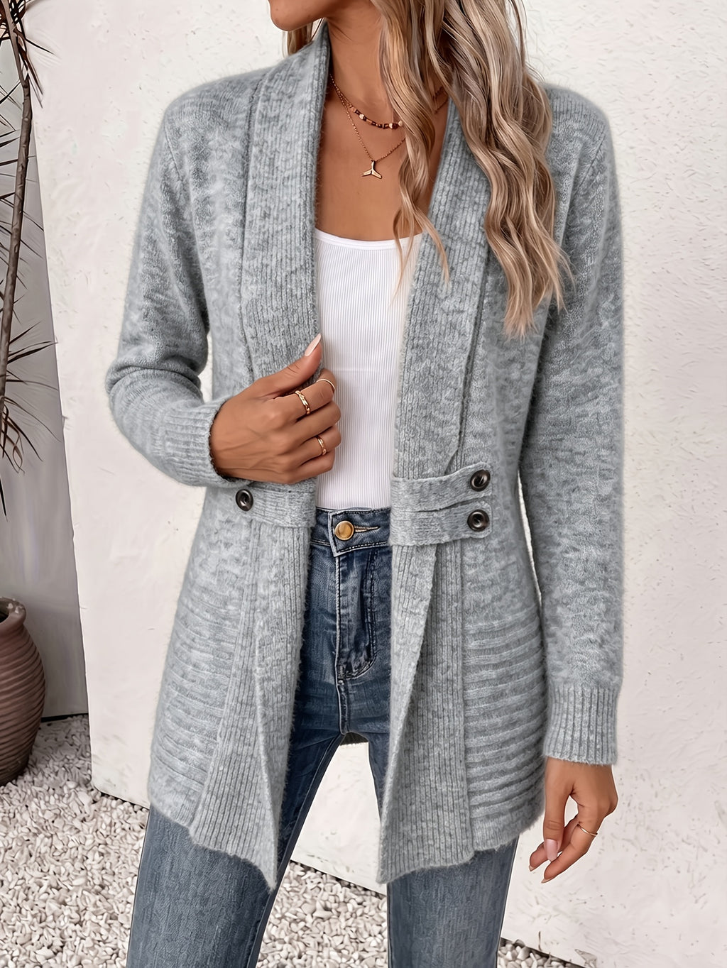 Wistera | Damesvest Cardigan – Dubbele Knoopsluiting, Ceintuur, Midilang & Losse Pasvorm