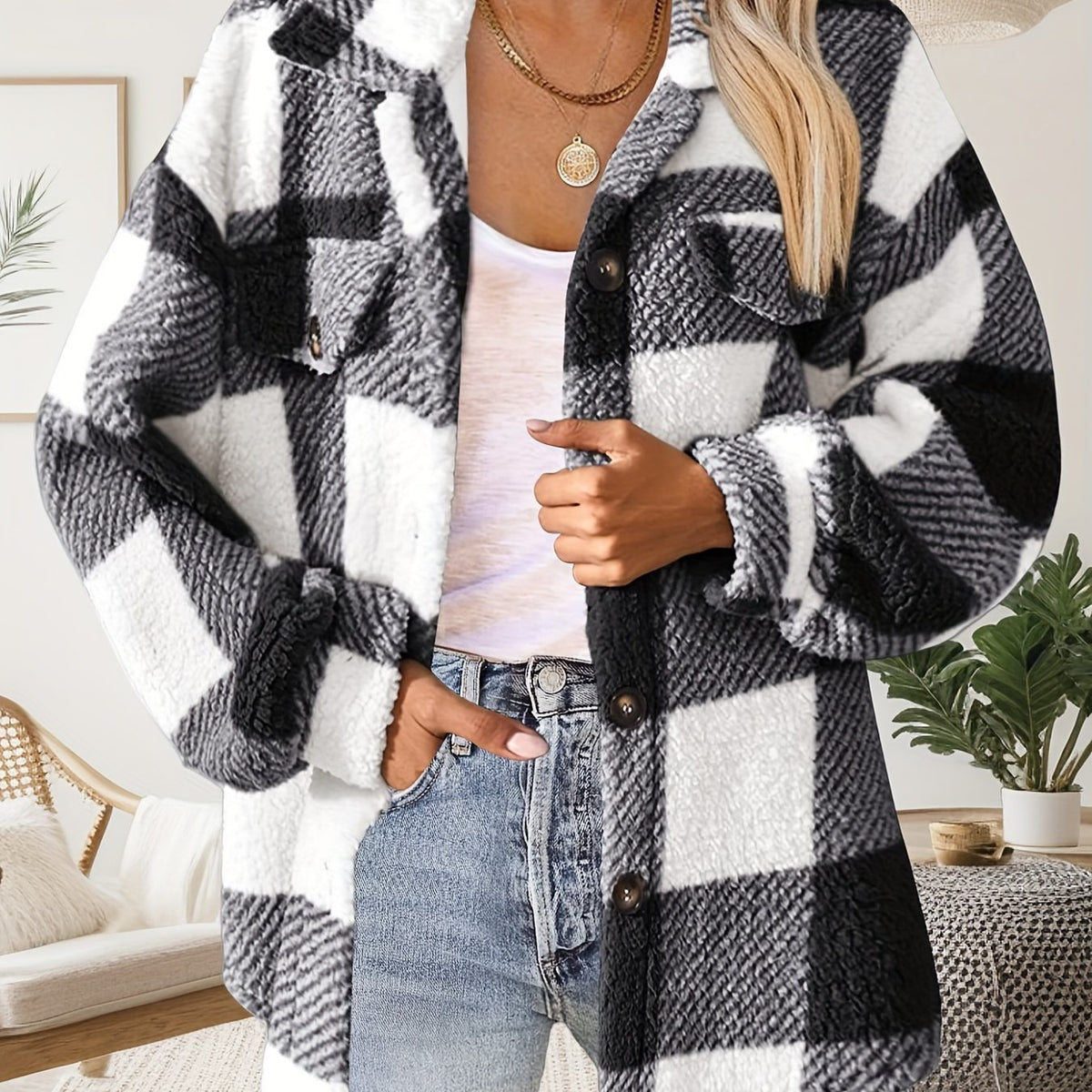 Vionelle | Damesjas van Pluche – Geruit, Knoopsluiting, Lange Mouwen & Zachte Casual Pasvorm