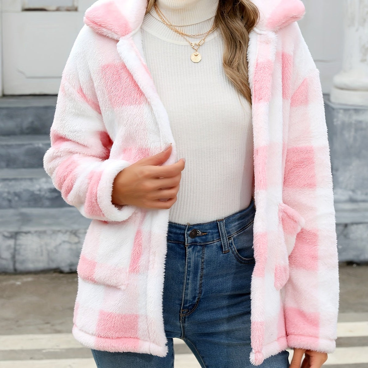 Noralise | Geruite Teddy Damesjas – Pluche, Lange Mouwen