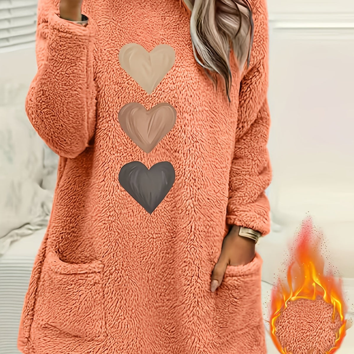 Leonie | Dames-sweatshirt met fleecevoering en hartjesprint – Casual pullover met lange mouwen