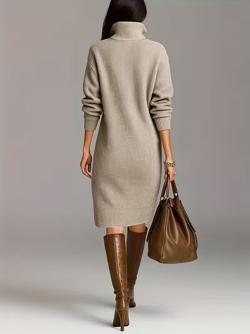 Olenka | Zachte gebreide midi-jurk voor dames – Gebreid met hoge kraag en knopen, casual elegante