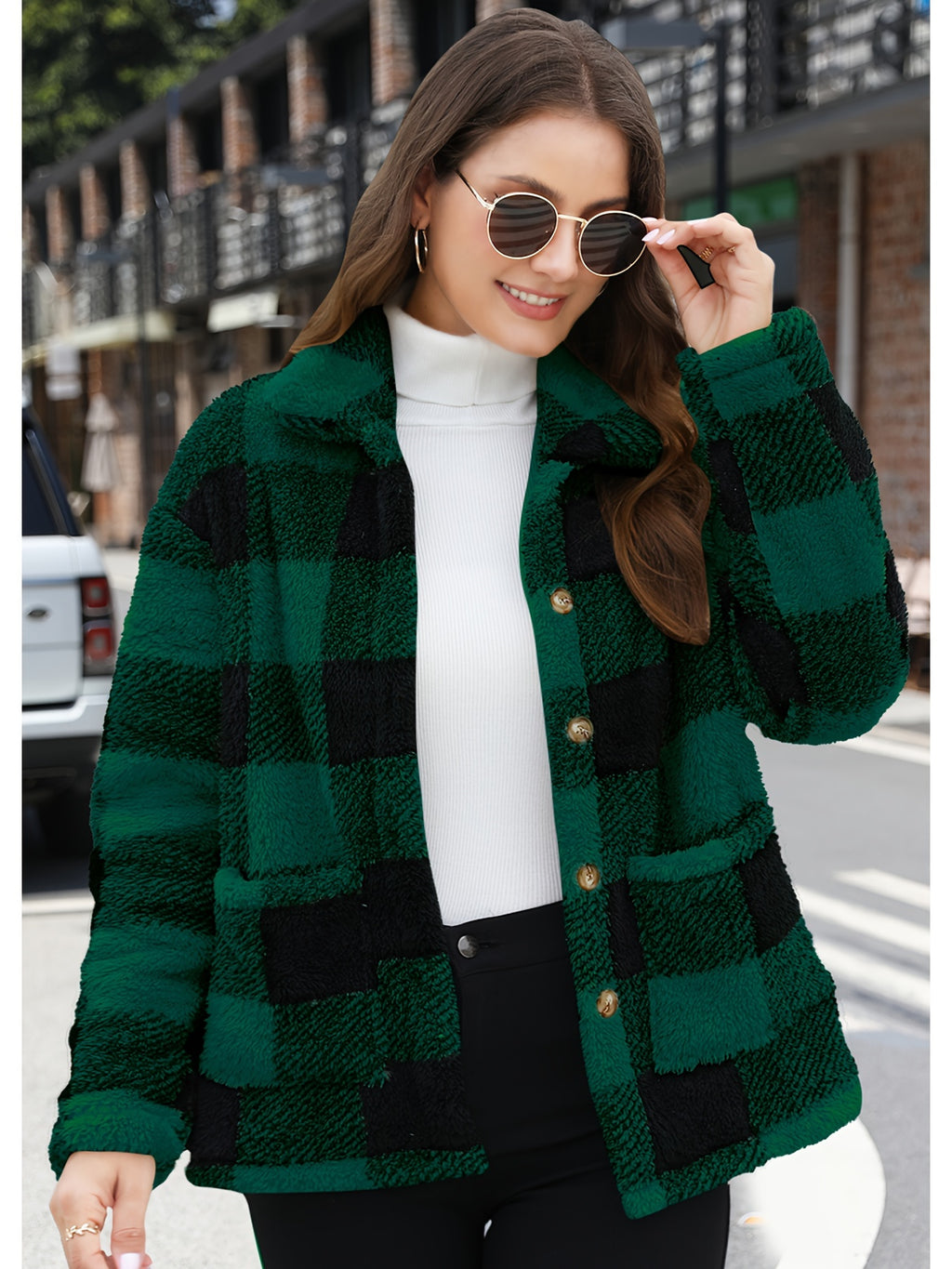 Noralise | Geruite Teddy Damesjas – Pluche, Lange Mouwen