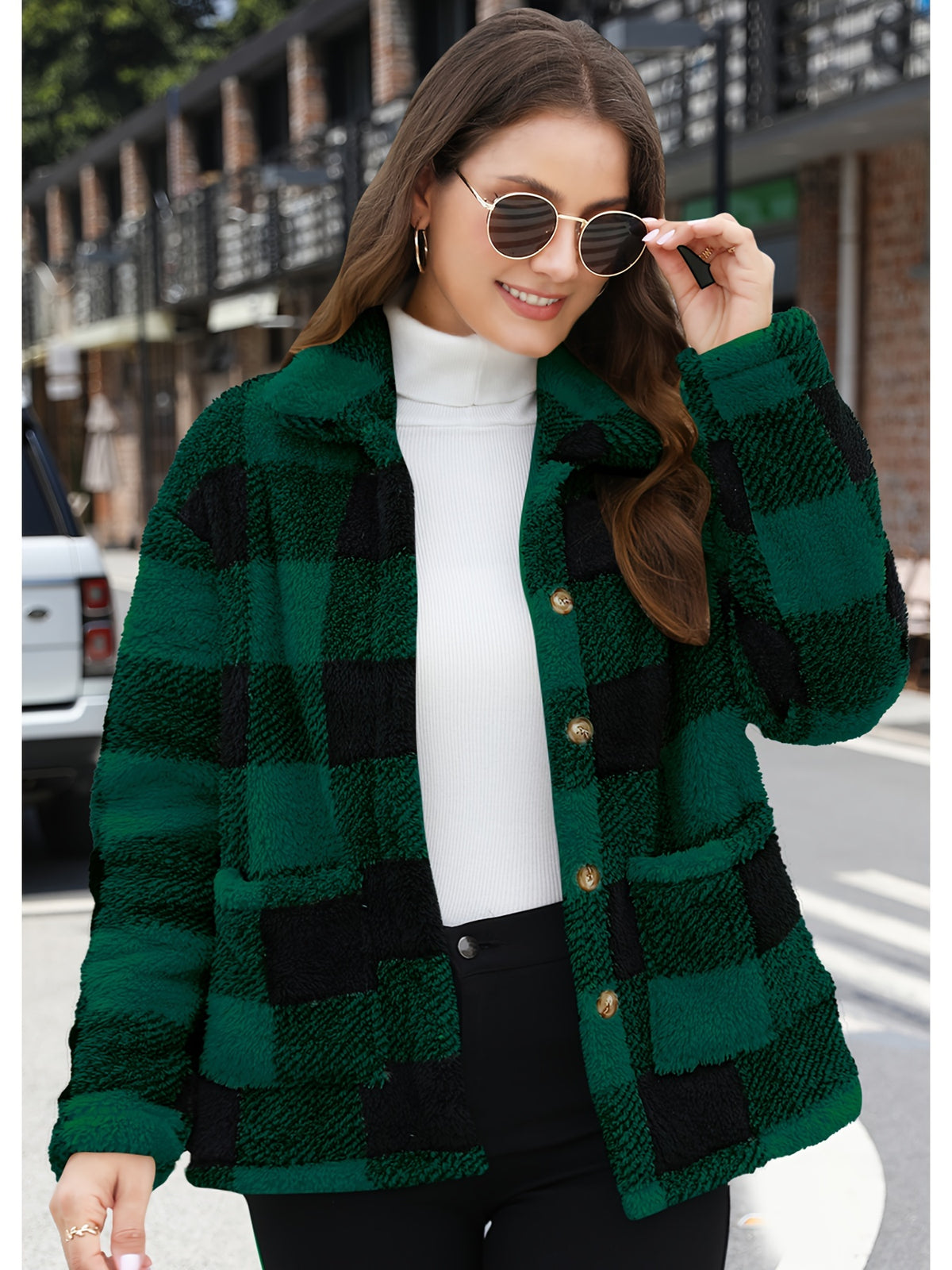 Noralise | Geruite Teddy Damesjas – Pluche, Lange Mouwen
