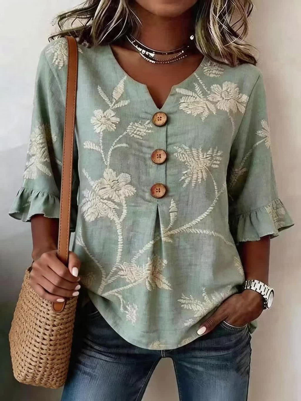 Pearlina | Damesblouse met bloemenprint en V-hals – Blouse met relaxte, losse pasvorm