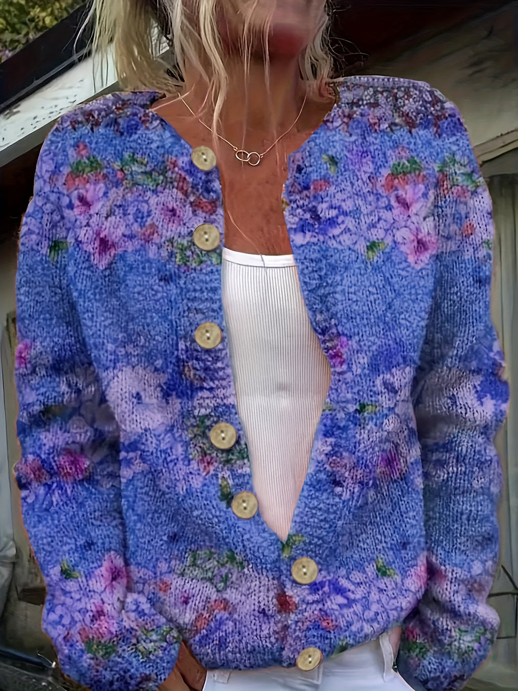 Hannelise | Damesvest met bloemen- en vlinderprint – vest met lange mouwen