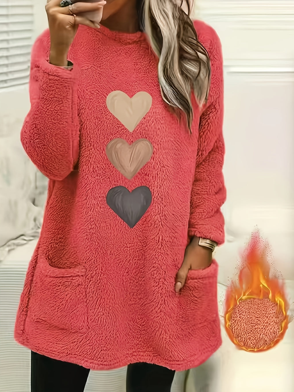 Leonie | Dames-sweatshirt met fleecevoering en hartjesprint – Casual pullover met lange mouwen