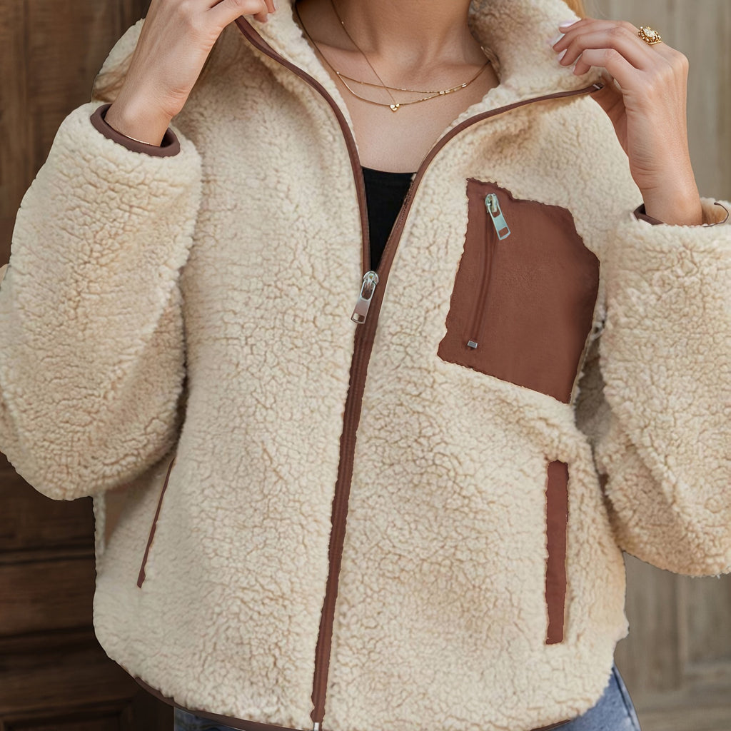 Elavira | Pluche jas voor dames – Vest met ritssluiting en contrasterende rand