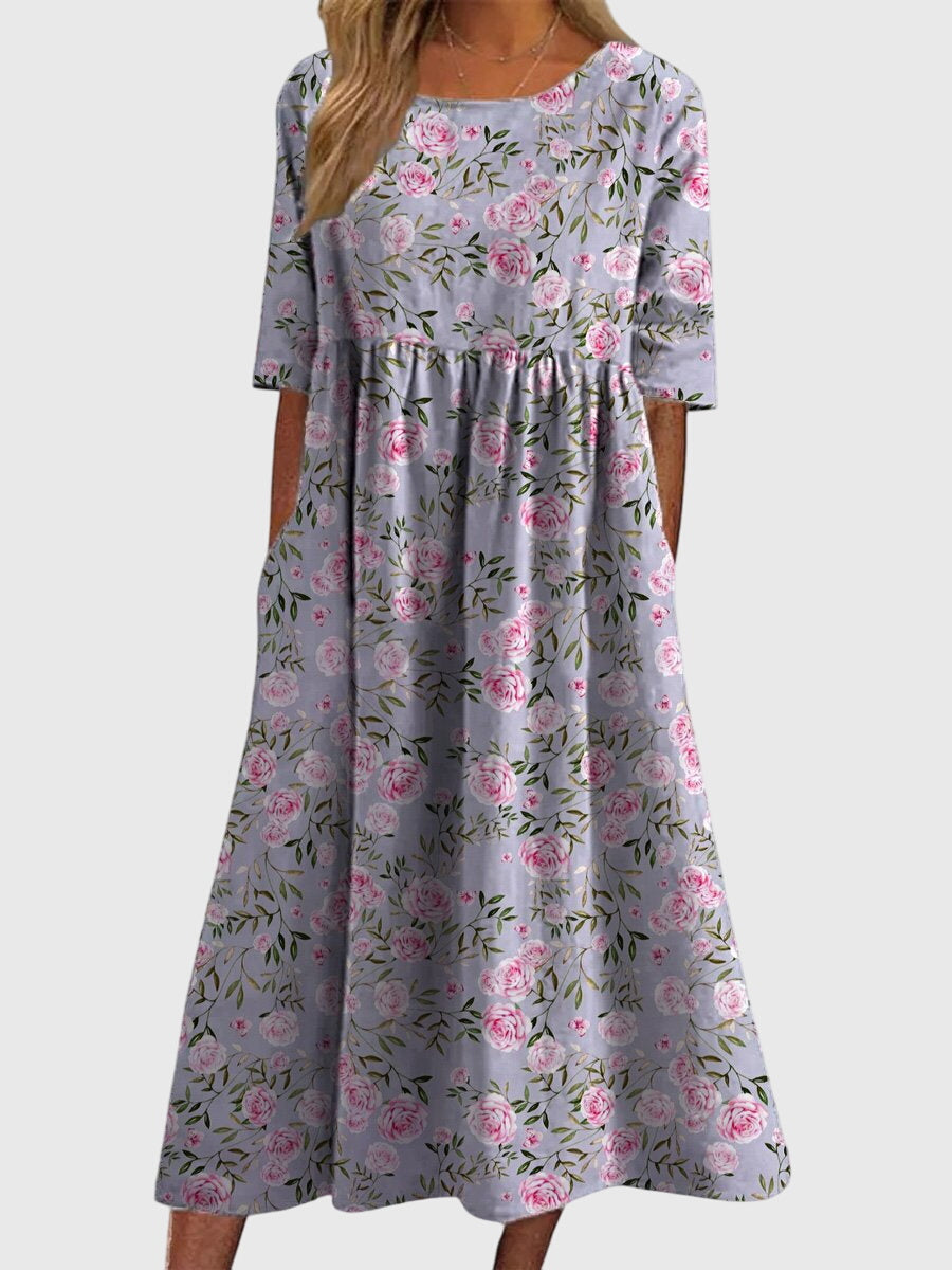 Iona | Maxijurk met bloemenprint en V-hals voor dames – Elegante A-lijn jurk met korte mouwen