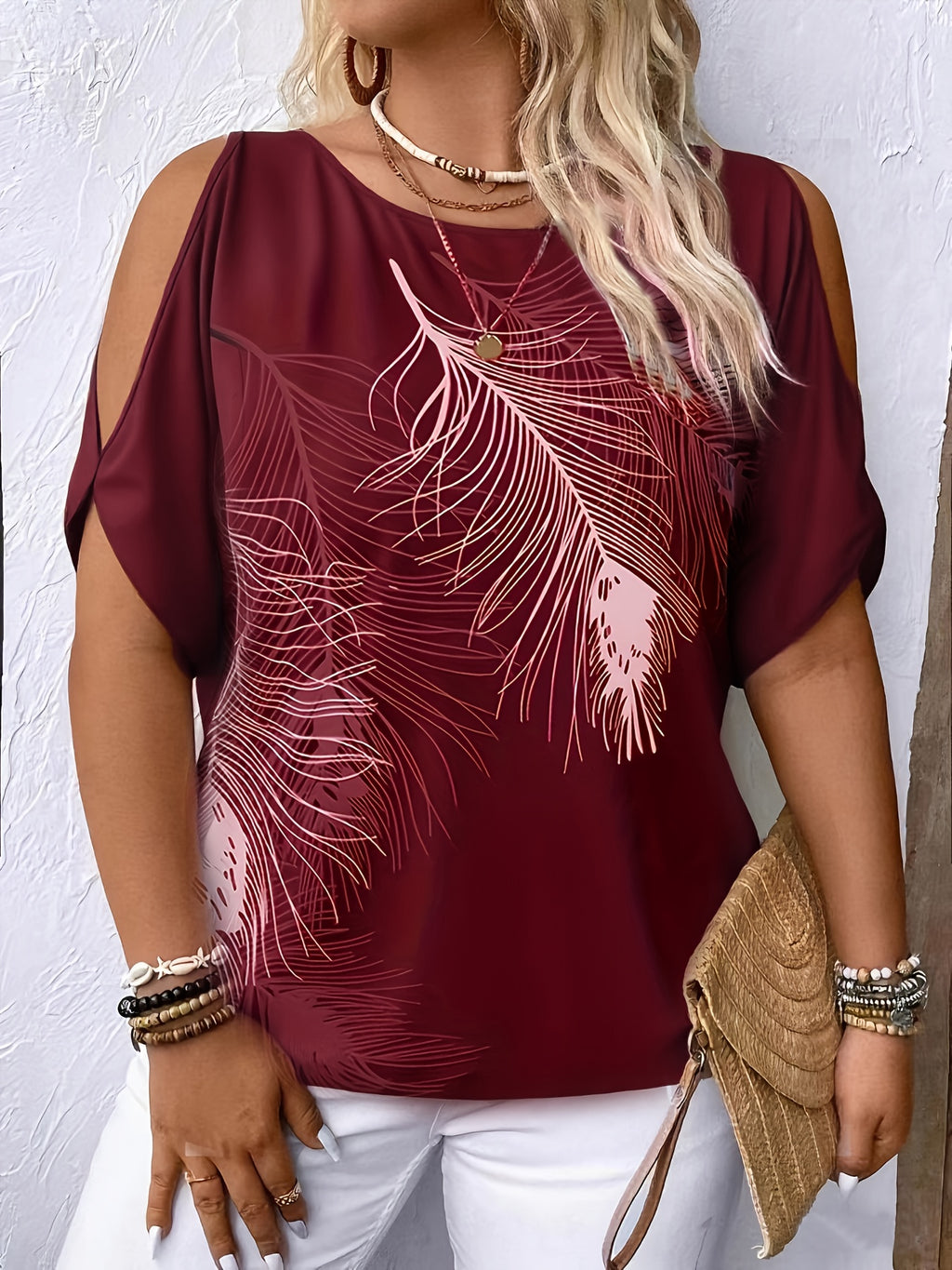 Ysara | Casual bedrukt damesshirt – Off-shoulder shirt met ronde hals en strik aan de achterkant