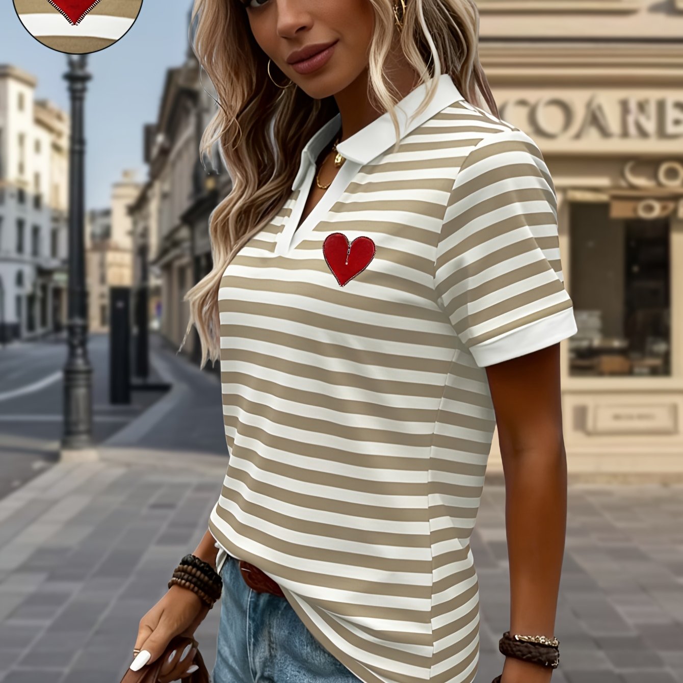 Azelora | Dames Gestreept V-hals T-shirt – Casual Blouse met Korte Mouwen en Hartprint