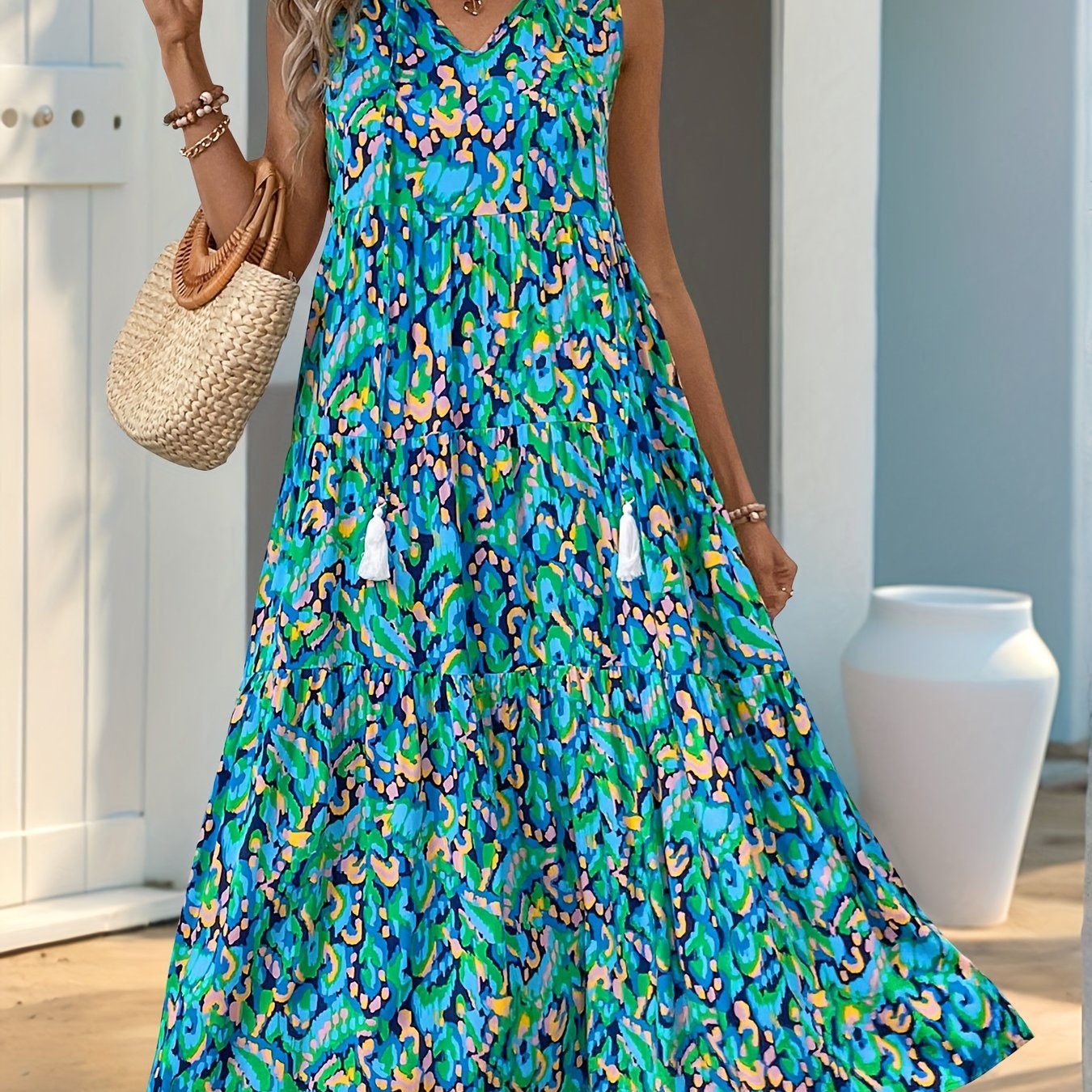 Elsyn | Boho-maxi-jurk voor dames – Mouwloze strandvakantiejurk met print en franjes