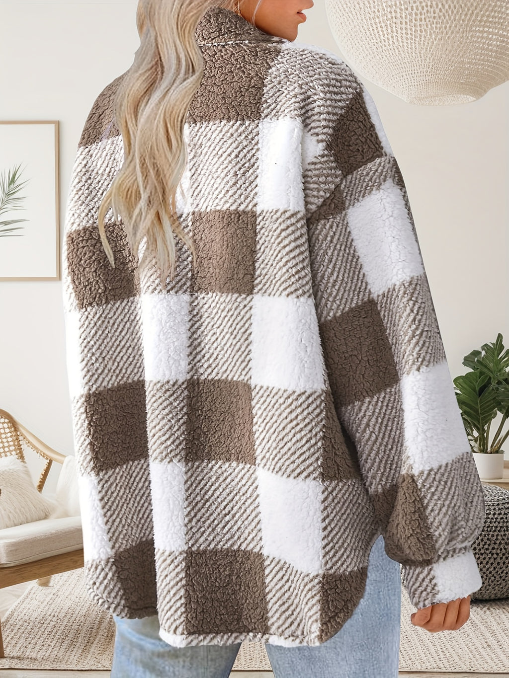 Vionelle | Damesjas van Pluche – Geruit, Knoopsluiting, Lange Mouwen & Zachte Casual Pasvorm