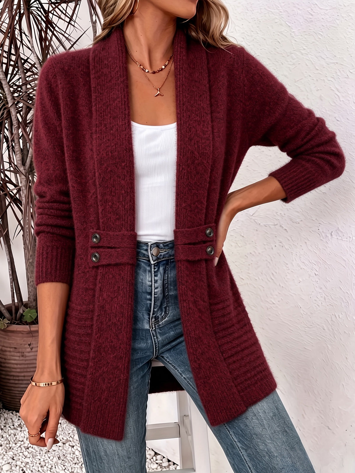 Wistera | Damesvest Cardigan – Dubbele Knoopsluiting, Ceintuur, Midilang & Losse Pasvorm