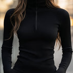 Berendina | Getailleerd T-shirt met hoge hals voor dames – Effen stretch-top met lange mouwen