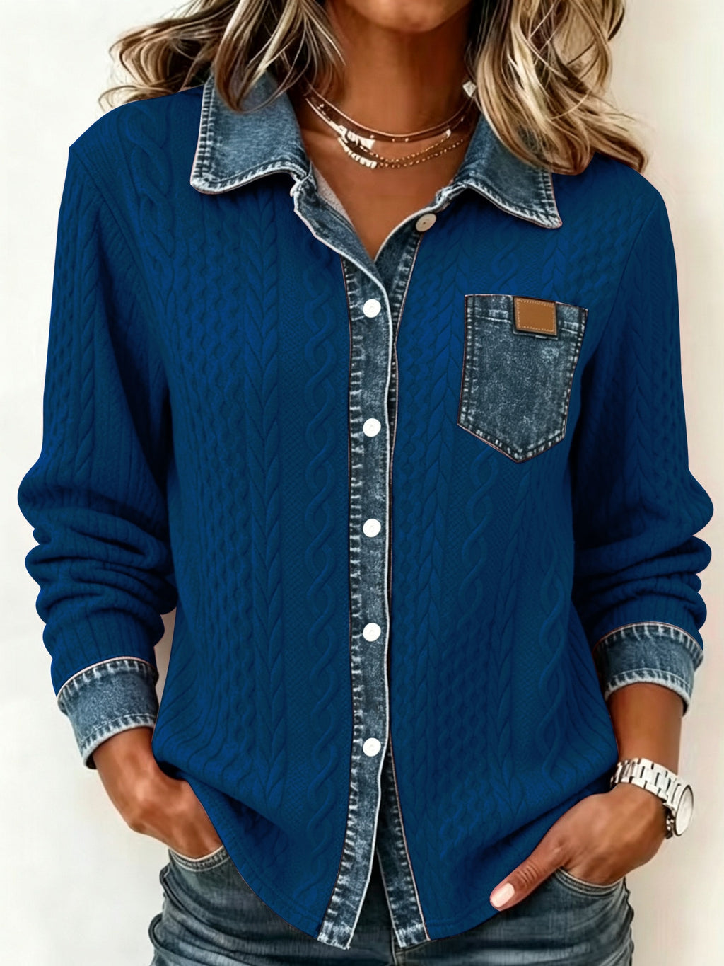 Leora | Damestrui van faux-denim jacquard – Trui met lange mouwen en print
