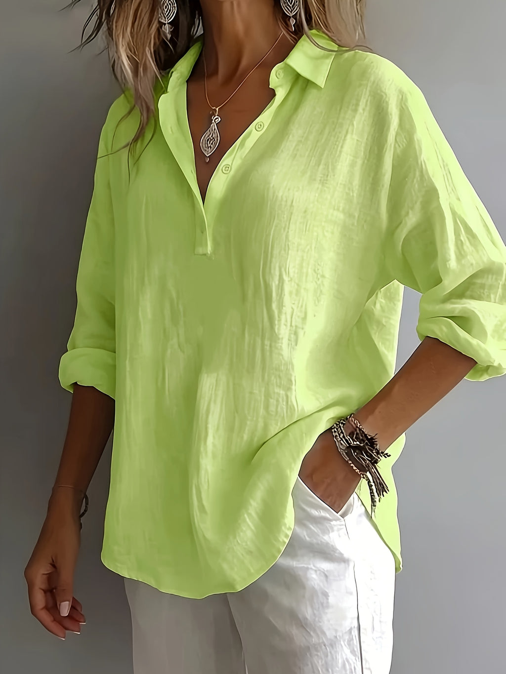 Lilou | Damesblouse met lange mouwen – Loszittend overhemd met kraag en knopen