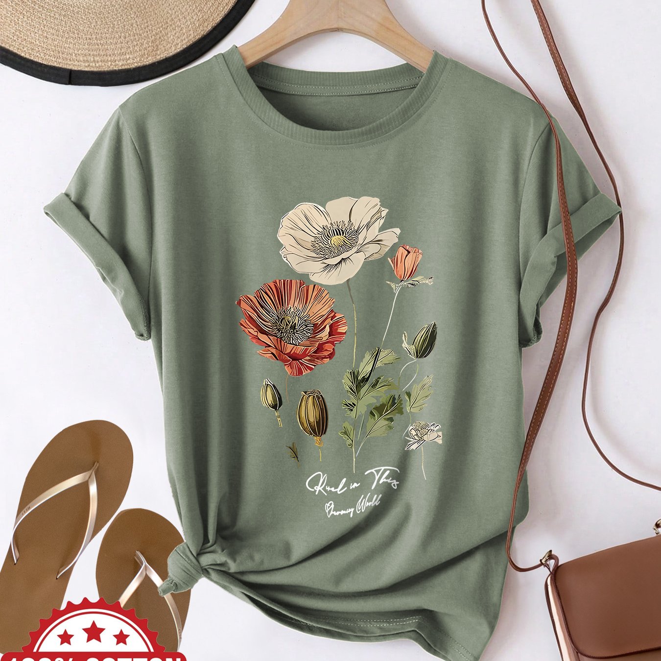 Eniselle | Dames T-shirt met Klaproosbloemenprint – Casual Ronde Hals en Korte Mouwen