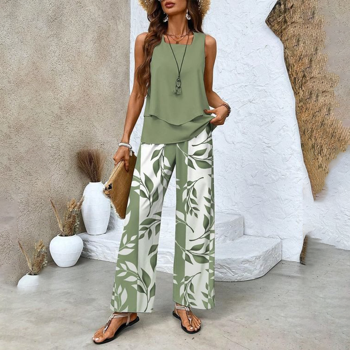 Giavanna | Casual set voor dames – Top met print en broek met wijde pijpen