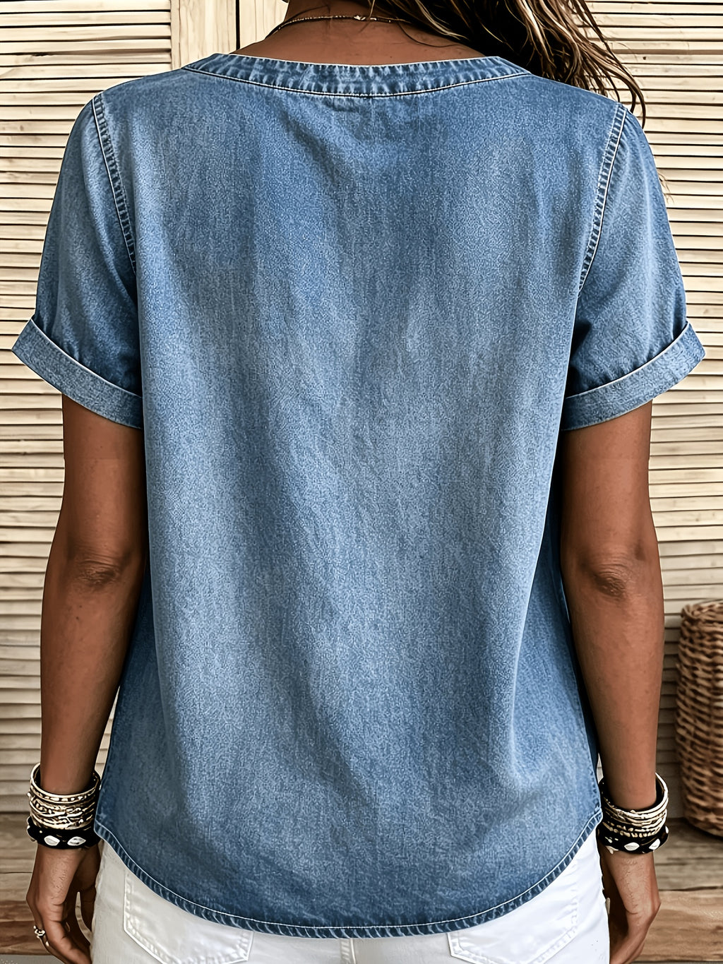 Viviana | Casual denimtop voor dames – Blouse met korte mouwen en versleten look
