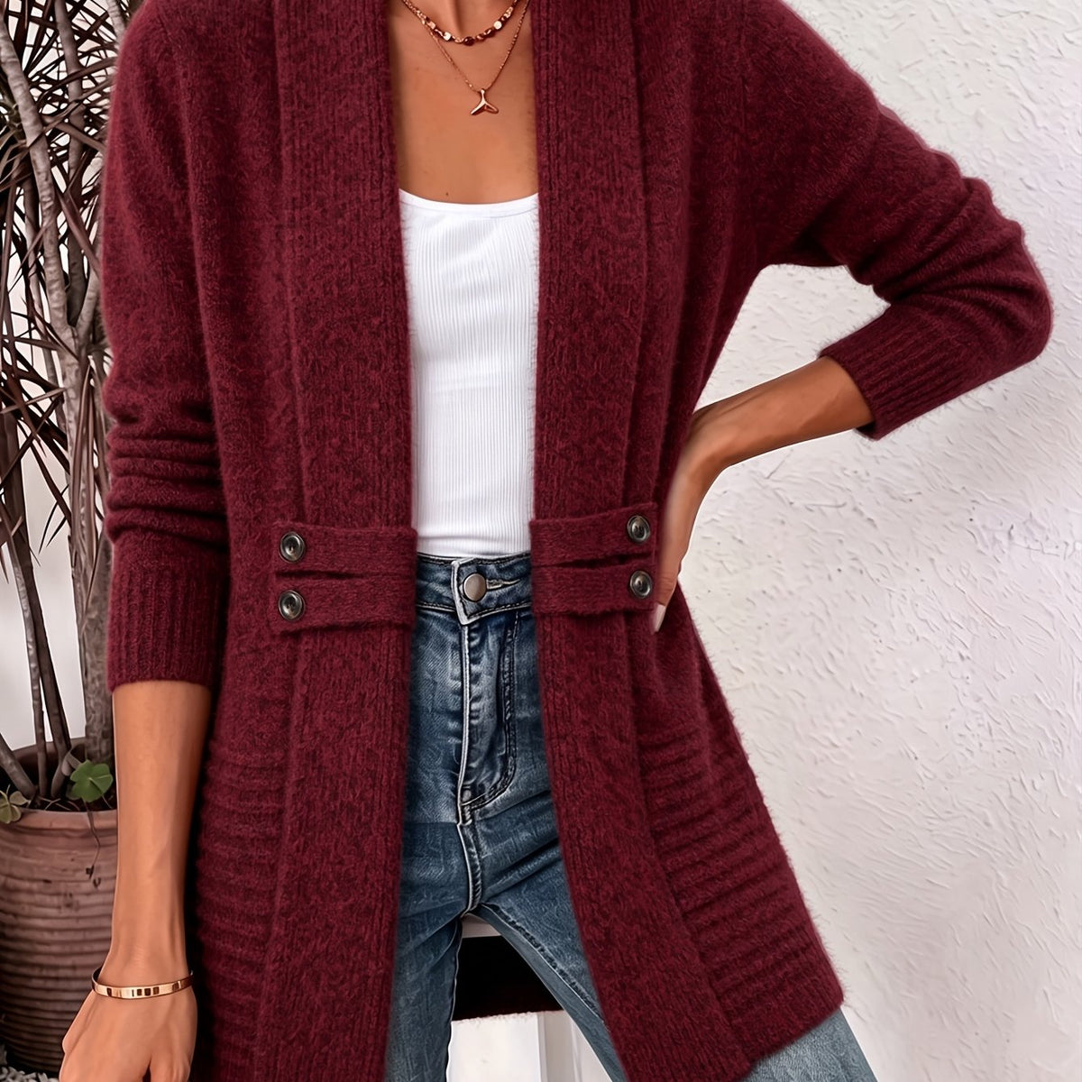 Wistera | Damesvest Cardigan – Dubbele Knoopsluiting, Ceintuur, Midilang & Losse Pasvorm