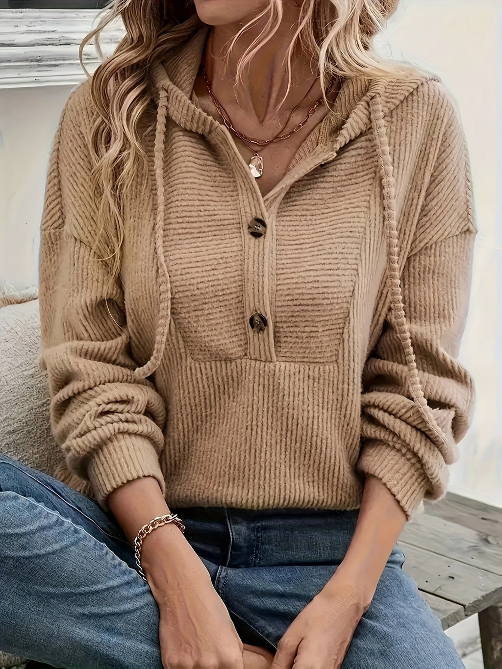 Lieve | Geribde damestrui met capuchon – Casual trui met lange mouwen