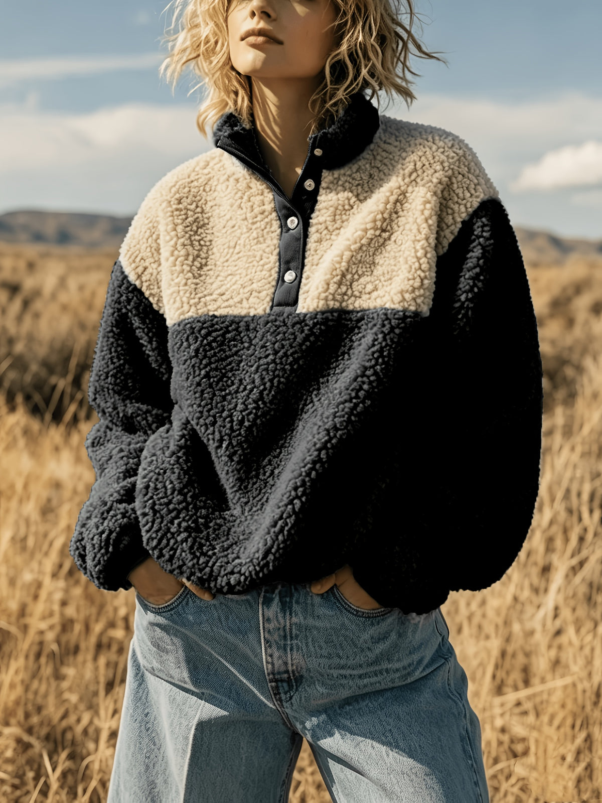Anoria | Dames zachte color-block sweater – Halve knoopsluiting aan de voorkant