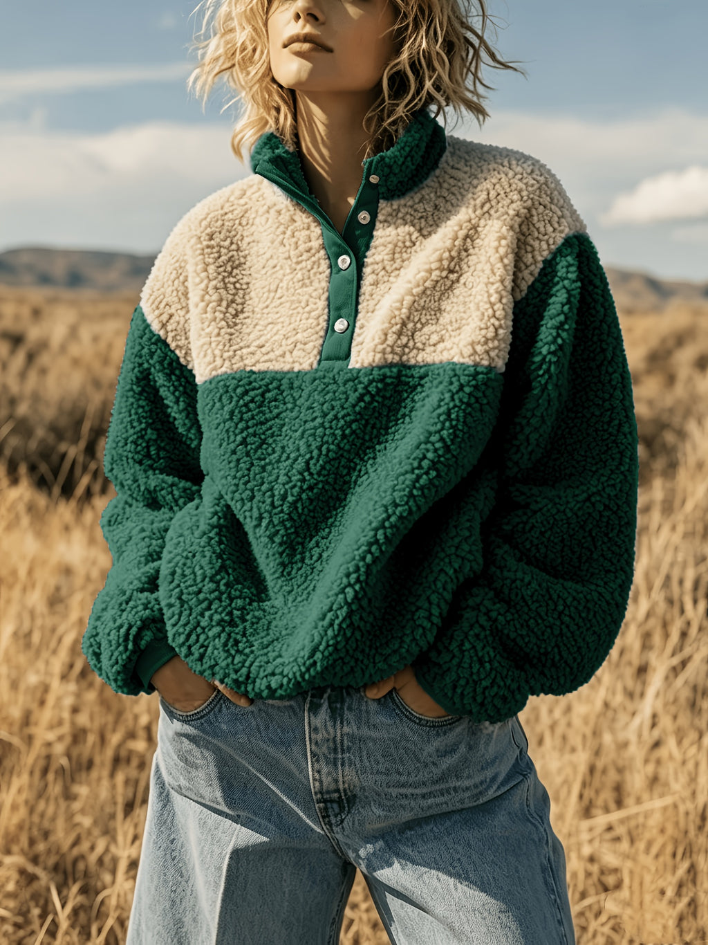 Anoria | Dames zachte color-block sweater – Halve knoopsluiting aan de voorkant
