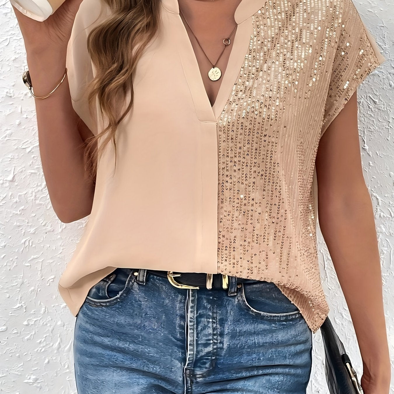 Havielle | Dames V-hals Pailletten Blouse – Batwing Mouwen Opengewerkte Gebreide Top