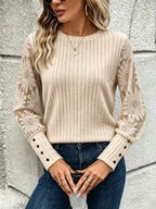 Lammie | Dames Top met Kanten Mouwen, Verticale Strepen & Ronde Hals, Lange Mouwen