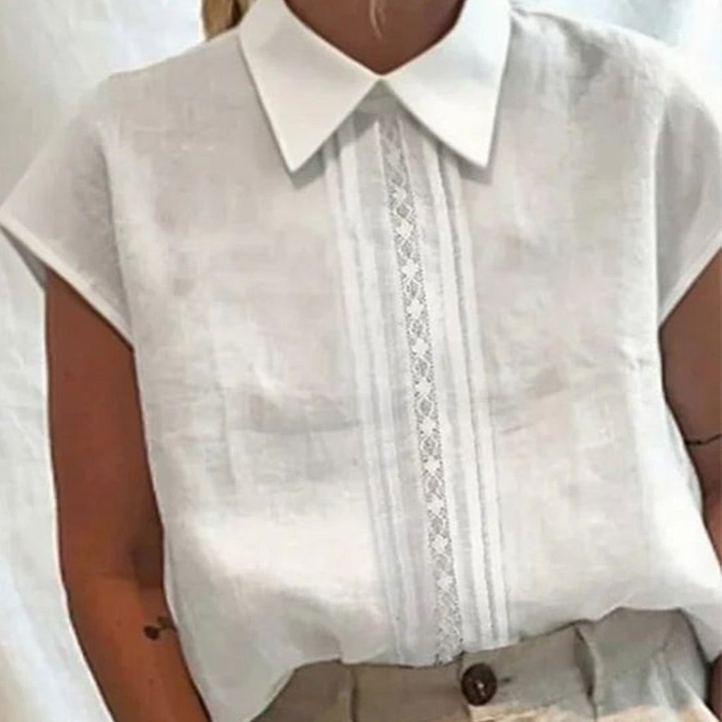 Anya | Casual Mouwloze Damestop – Losvallende Blouse met Plooien, Kanten Details en Kraag