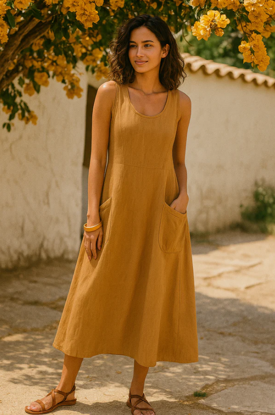 Rilynn | Dames Casual Linnen Jurk – Relaxed Fit Zomerjurk met Praktische Zakken