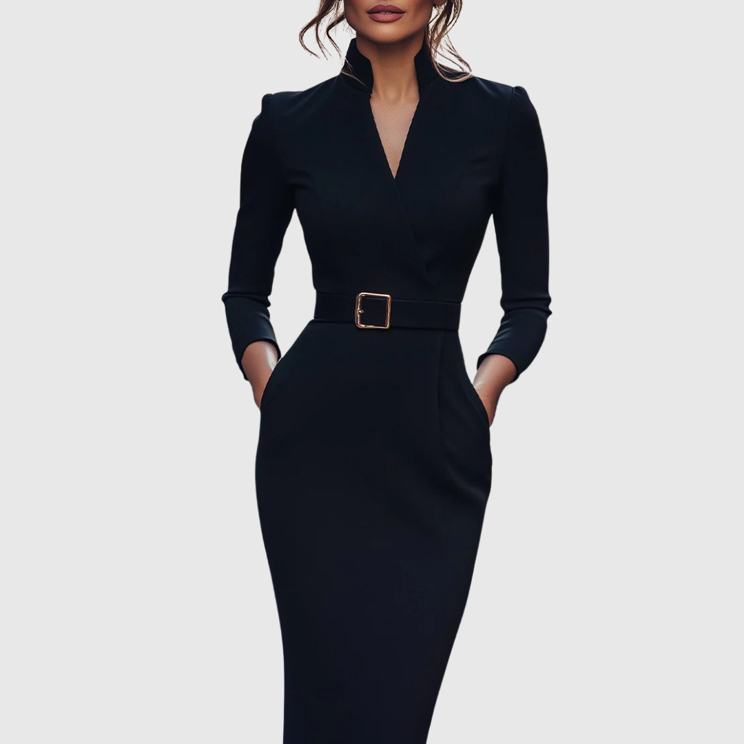 Arlena | Elegante werkjurk voor dames – Midi-kokerjurk met ceintuur en schijnbare overslaghalslijn