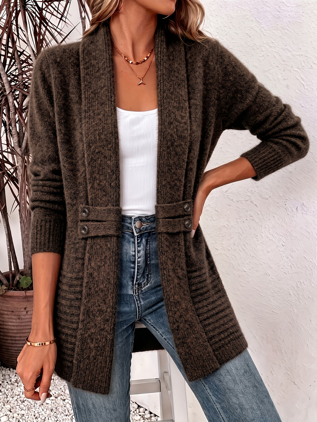 Wistera | Damesvest Cardigan – Dubbele Knoopsluiting, Ceintuur, Midilang & Losse Pasvorm