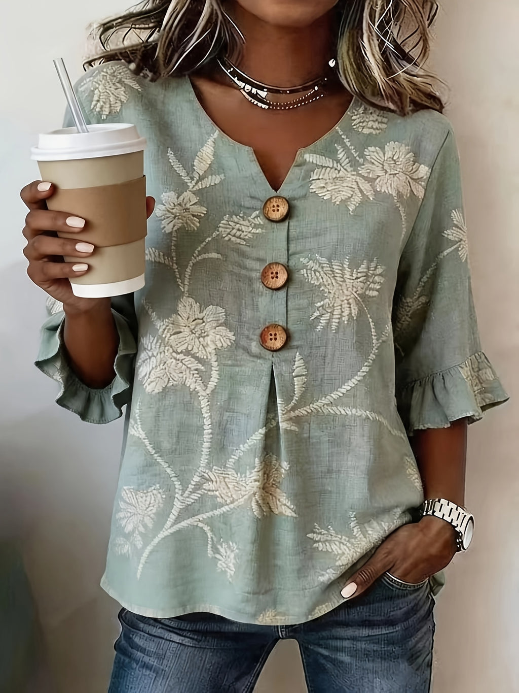 Pearlina | Damesblouse met bloemenprint en V-hals – Blouse met relaxte, losse pasvorm