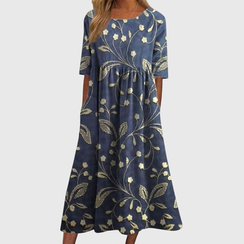 Iona | Maxijurk met bloemenprint en V-hals voor dames – Elegante A-lijn jurk met korte mouwen
