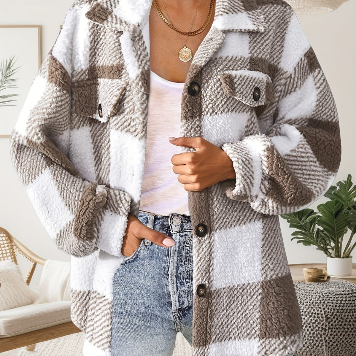 Vionelle | Damesjas van Pluche – Geruit, Knoopsluiting, Lange Mouwen & Zachte Casual Pasvorm