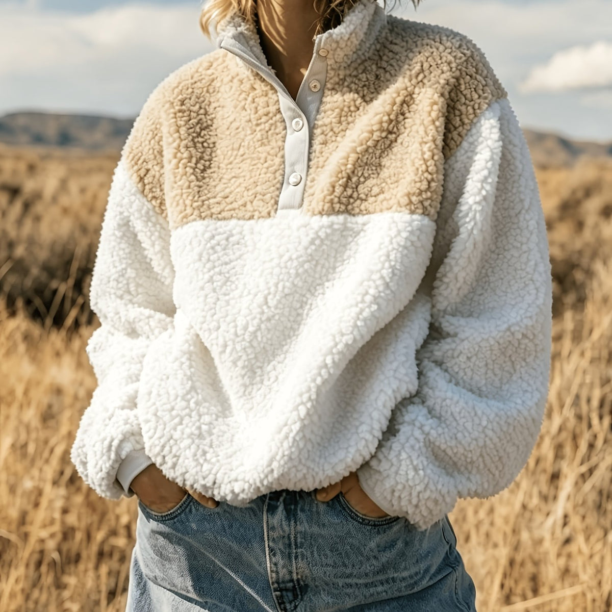 Anoria | Dames zachte color-block sweater – Halve knoopsluiting aan de voorkant