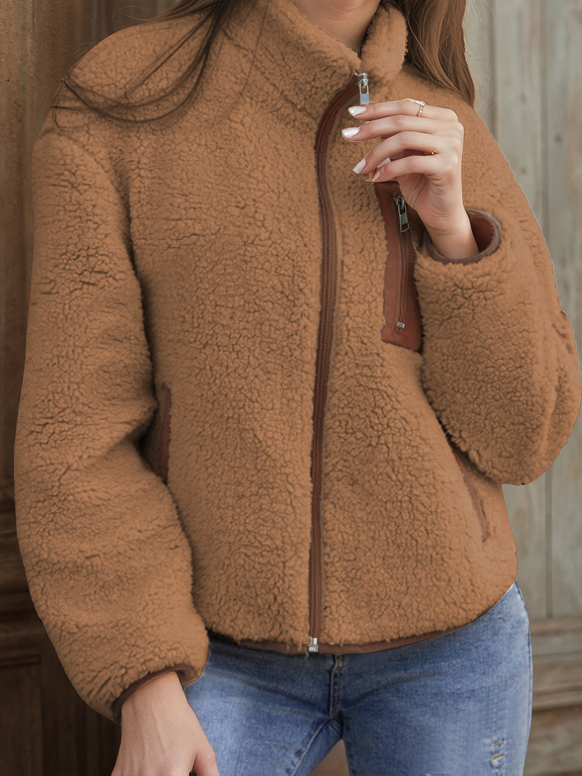 Gwyneira | Pluche damesjas met rits – contrasterende rand