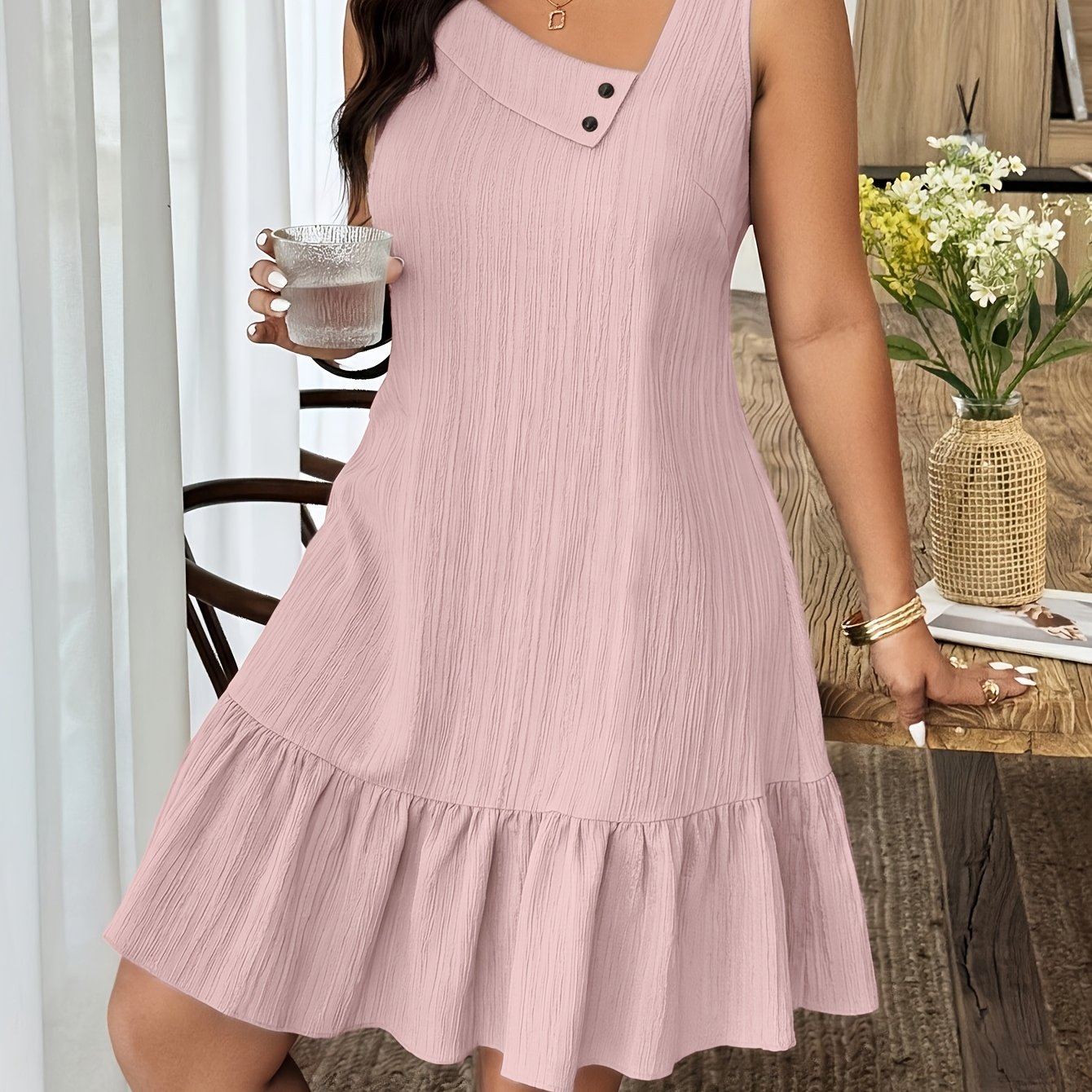 Lyliana | Elegante mouwloze damesjurk – soepel vallende, effen gekleurde A-lijn casual jurk